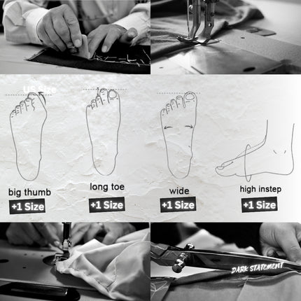 Collage of sewing process with foot measurement diagrams and 'Dark Statement' branding.