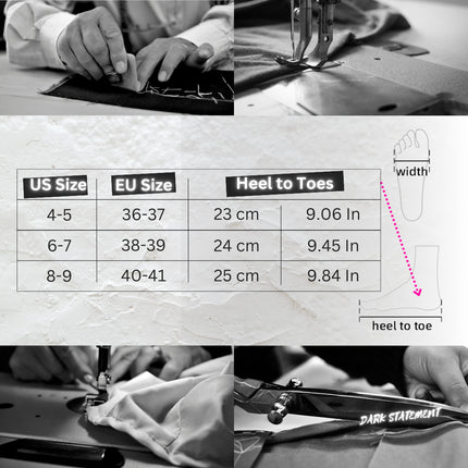 Collage of sewing activities with a foot size measurement chart overlay.
